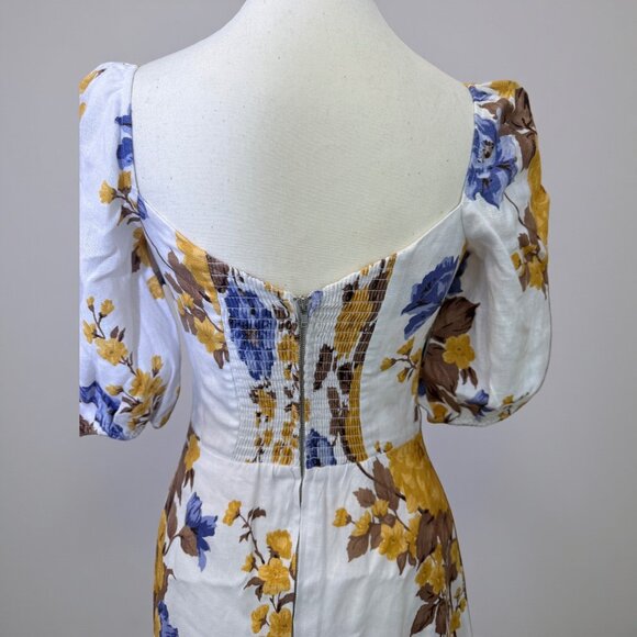 Reformation Belgium Linen Floral Midi Dress Josie Size 4 White Blue Slit - Picture 6 of 15